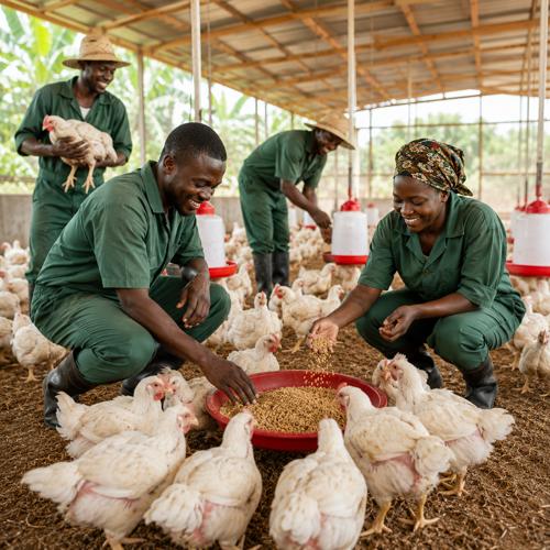 African poultry farmers feeding healthy broiler chickens in a commercial poultry farm