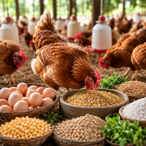 Healthy laying hens feeding on balanced nutrition in a commercial poultry farm