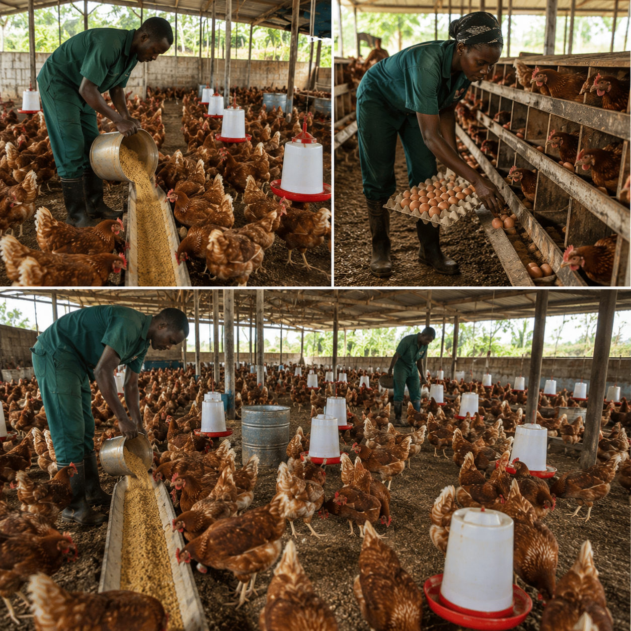 Healthy laying hens feeding on balanced nutrition in a commercial poultry farm
