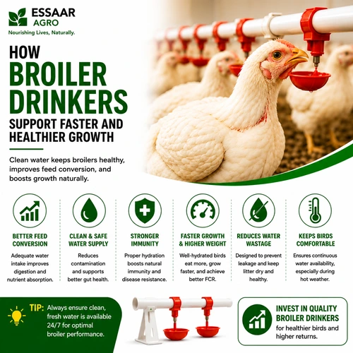 White broiler chickens drinking clean water from an automatic Broiler Drinker system to support faster growth, better feed conversion, and healthier poultry production.