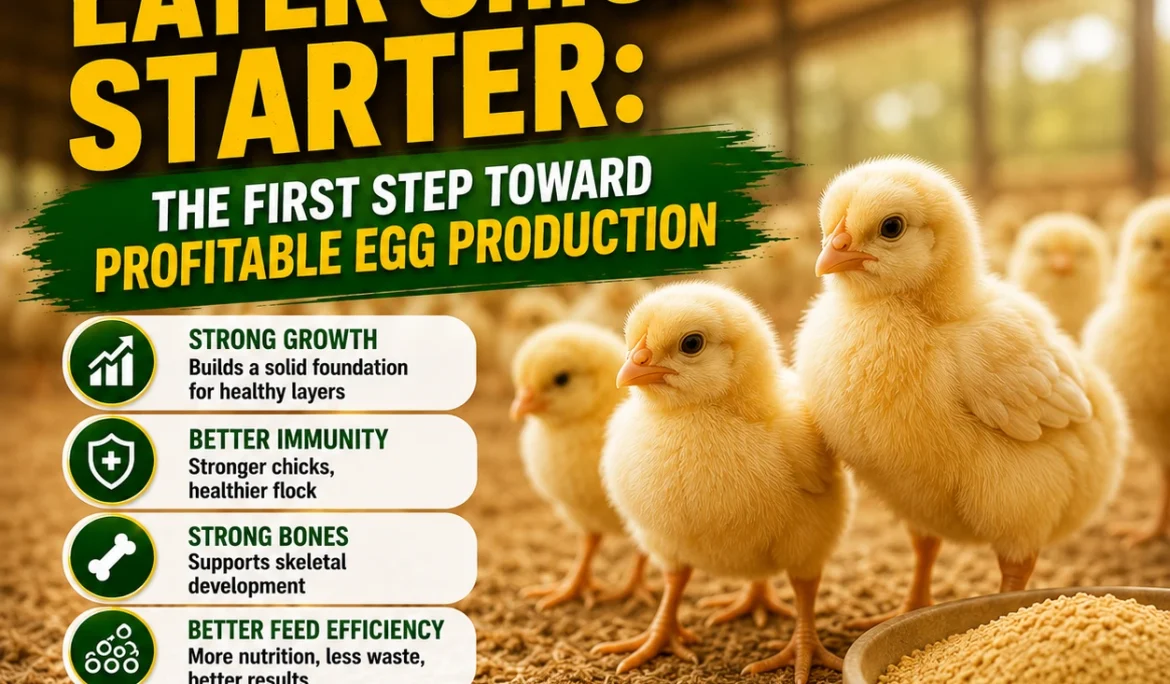 Essaar Layer Chick Starter with healthy chicks and poultry feed for strong growth.