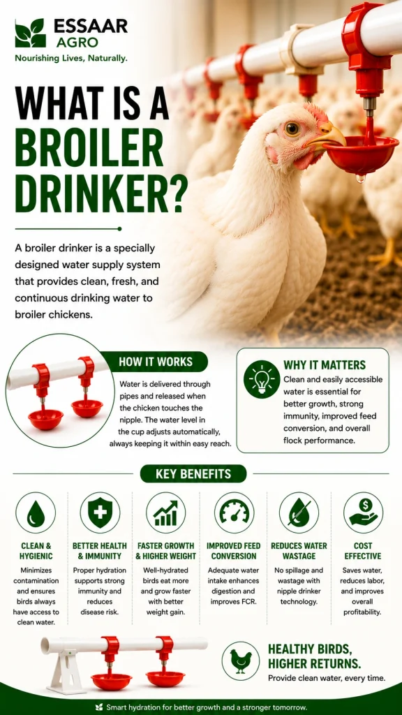 White broiler chicken drinking clean water from an automatic Broiler Drinker system in a commercial poultry farm for healthy growth and better feed conversion.