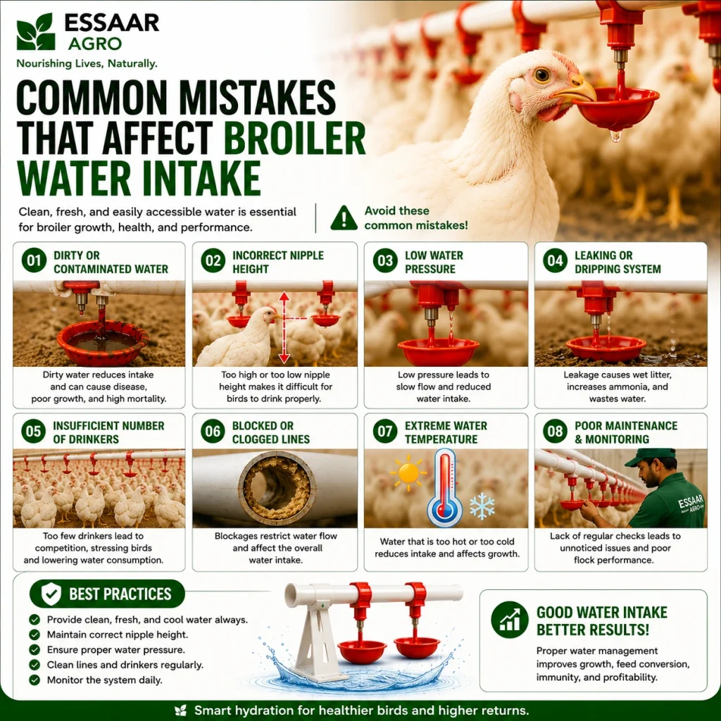 White broiler chickens drinking from an automatic Broiler Drinker system, highlighting common mistakes that reduce water intake and affect poultry growth.