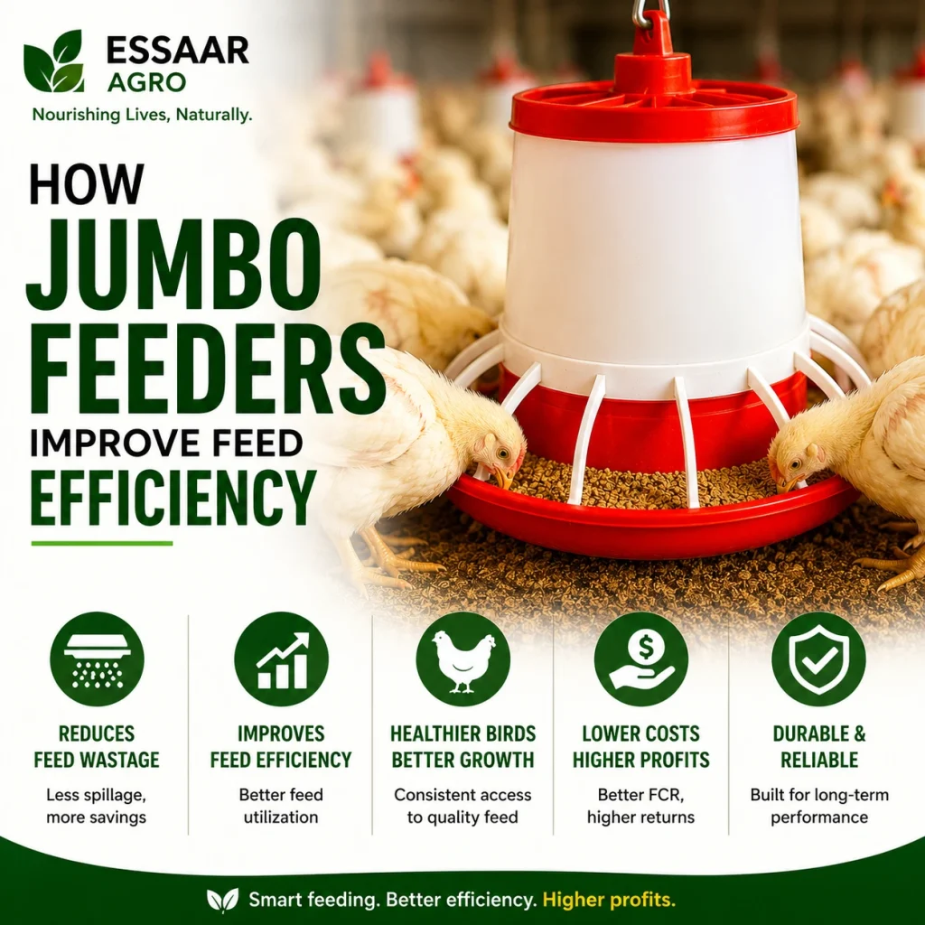 White broiler chickens feeding from a Jumbo Feeder in a commercial poultry farm to improve feed efficiency and reduce feed wastage.
