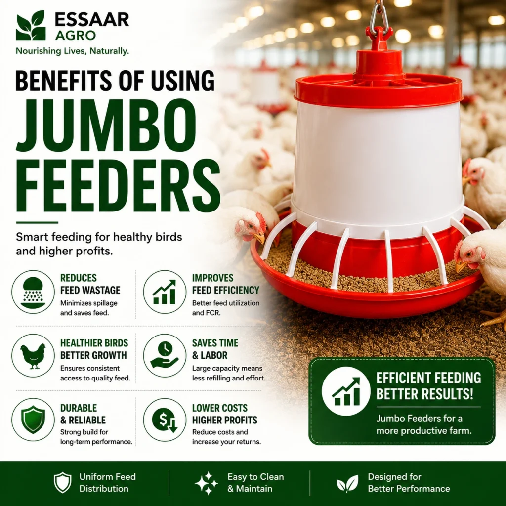 White broiler chickens feeding from a high-capacity Jumbo Feeder that improves feed efficiency, reduces feed wastage, and supports healthier poultry growth.