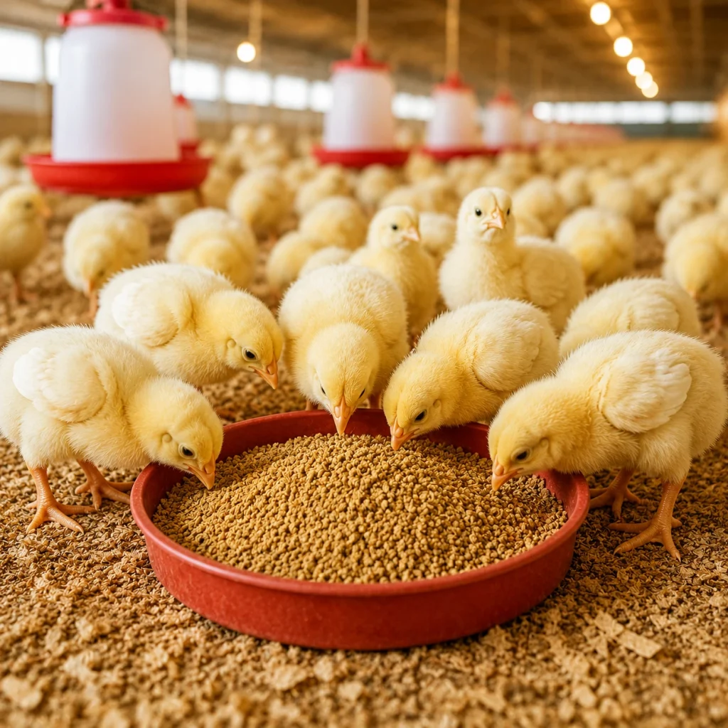Healthy yellow broiler chicks eating starter feed in a modern poultry farm