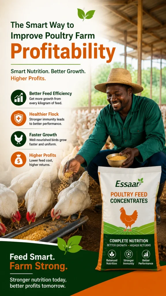 Poultry farmer feeding healthy white chickens in a modern poultry farm to improve feed efficiency, flock health, growth performance, and farm profitability.