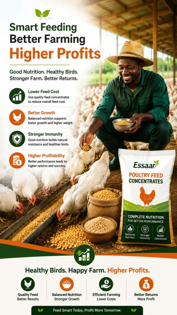 Poultry farmer feeding healthy white chickens in a modern poultry farm using balanced nutrition to improve growth, immunity, feed efficiency, and profitability.