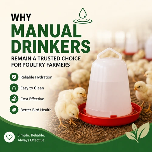 High-quality Manual Drinker providing clean drinking water for young poultry chicks in a modern poultry farm.
