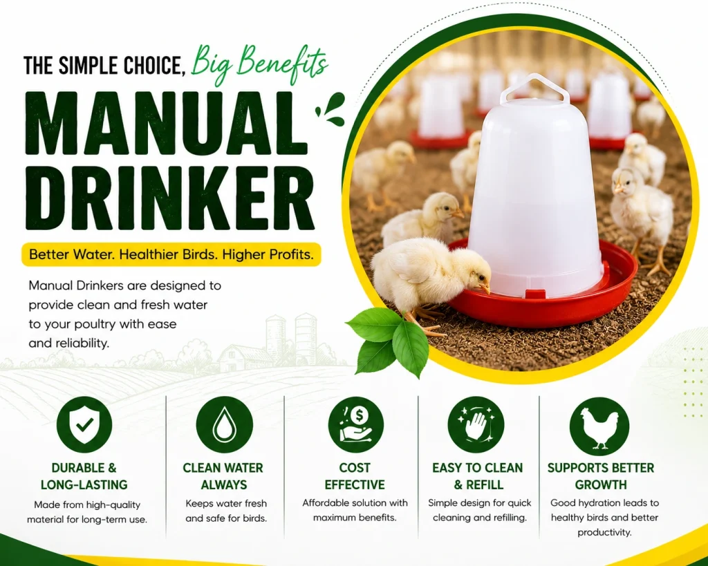 High-quality Manual Drinker with healthy chicks in a commercial poultry farm, providing clean drinking water for better bird health and growth.