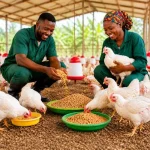 African poultry farmers feeding healthy white chickens in a modern poultry farm using quality poultry feed concentrates