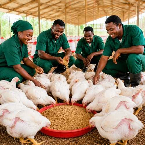 African poultry farmer team feeding healthy white broiler chickens in a modern commercial poultry farm