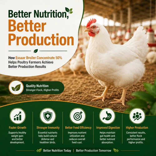 Healthy white broiler chicken standing inside a modern poultry farm representing quality nutrition, improved feed efficiency, and higher poultry production.