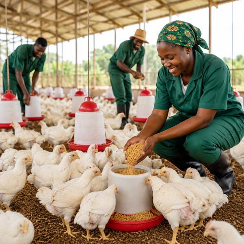 African poultry farmer feeding healthy white pullets in a modern poultry farm