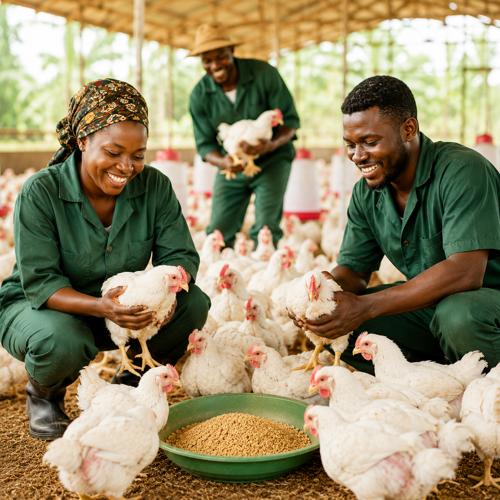 African poultry farmers caring for healthy white pullets before the laying stage